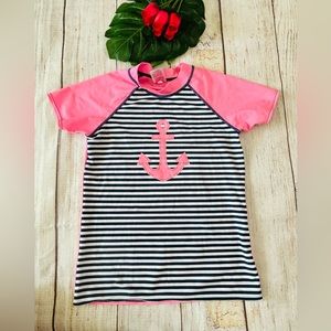 Circo Girl’s Colorful Mock Neck Short Raglan Sleeve Stripes Anchor Rashguard